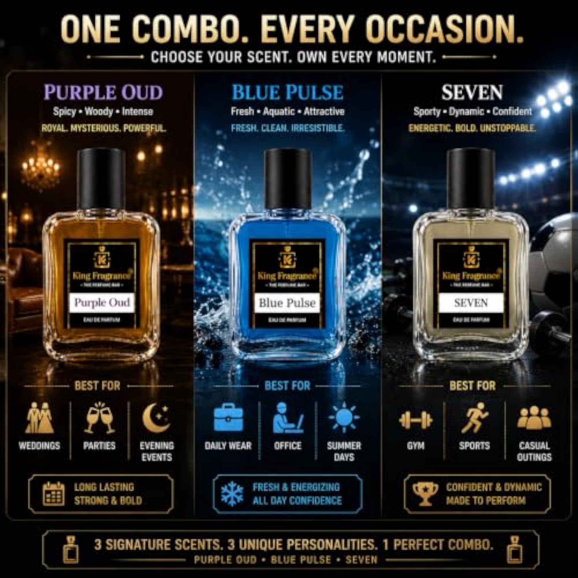 Purple Oud, Blue Pulse & Seven Eau De Parfum Combo for Men, 60ml x 3